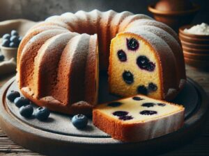 The image depicts the cake in a warm, homey kitchen setting, highlighting its appealing texture and the delightful presence of blueberries.