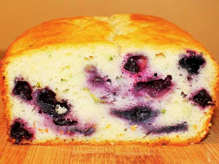 The image shows a close-up of a homemade blueberry cake slice