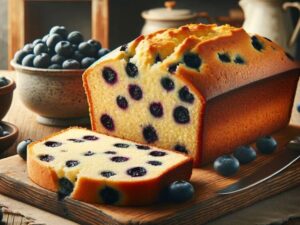  This image showcases a moist and tender cake with a golden-brown crust, featuring blueberries evenly distributed throughout.