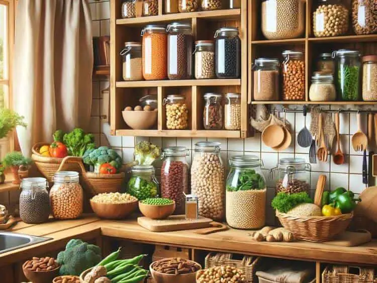 A cozy home kitchen scene illustrating a plant-based diet rich in protein.