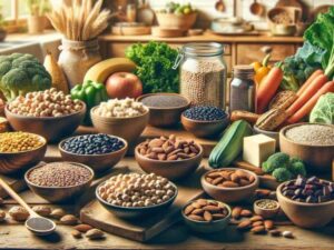 A realistic and homemade style image depicting a variety of plant-based protein sources in a domestic kitchen setting.