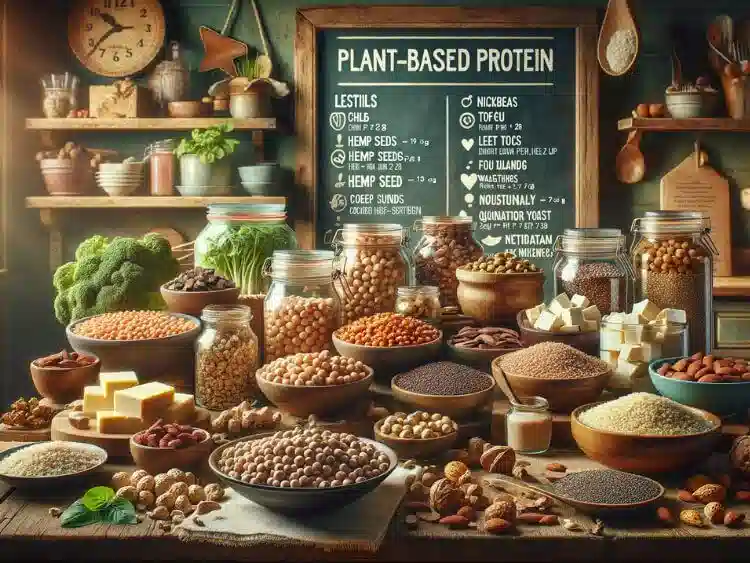 A visually rich and informative image showcasing a variety of plant-based protein sources.