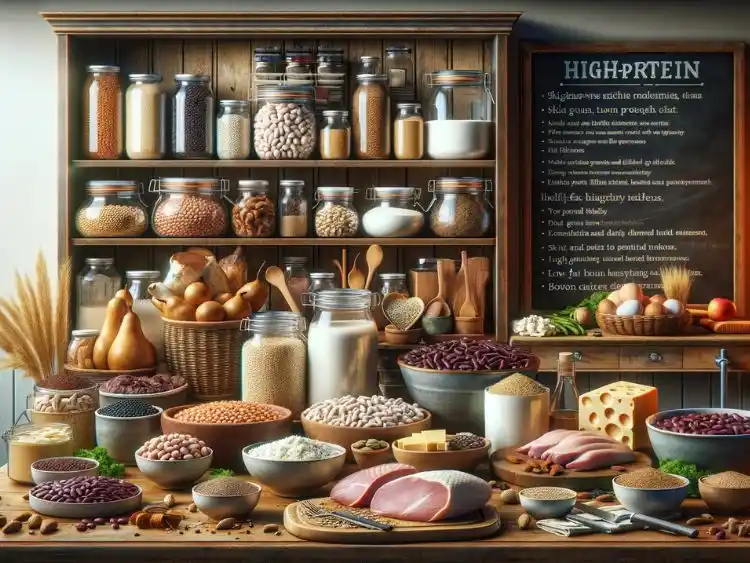 A visually rich and detailed kitchen scene depicting various high-protein foods from the article.