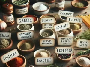 A cozy, homemade style image depicting essential ingredients for spaghetti seasoning, laid out on a rustic kitchen table