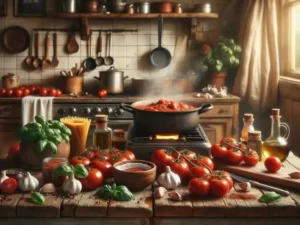 A cozy, home-style kitchen scene depicting the process of making homemade spaghetti sauce. The scene includes a rustic wooden table covered with various fresh ingredients and cooking utensils. On the table, there's a bowl of ripe tomatoes, a bunch of fresh basil, garlic cloves, a bottle of olive oil, and a jar of Italian seasoning.