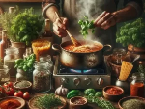 A realistic kitchen scene focusing on the secret of using pasta water in spaghetti preparation.