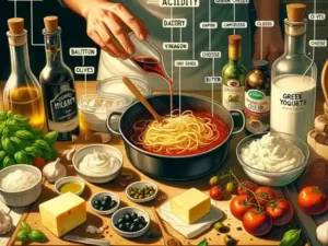 A realistic kitchen scene focusing on the secret of using pasta water in spaghetti preparation.