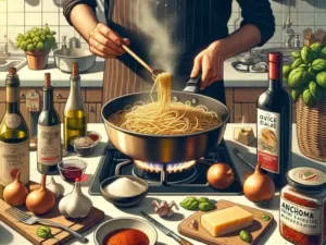 A realistic kitchen scene focusing on the secret of using pasta water in spaghetti preparation.