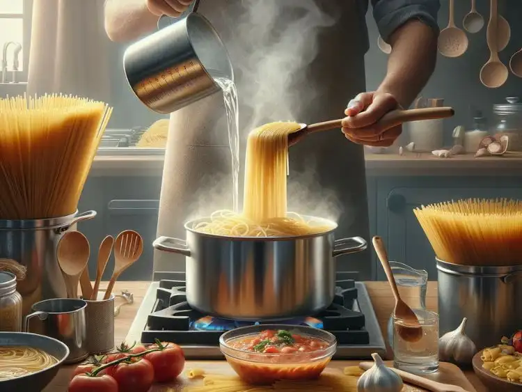 A realistic kitchen scene focusing on the secret of using pasta water in spaghetti preparation.