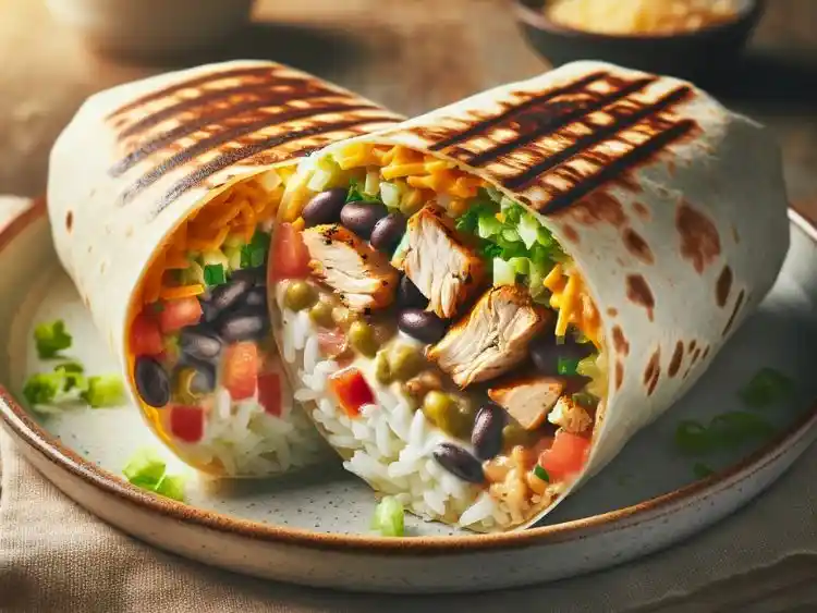 An image of a freshly made burrito cut in half, revealing a delicious and colorful filling with ingredients such as grilled chicken, black beans, white rice, chopped tomatoes, shredded lettuce, and melted cheese.