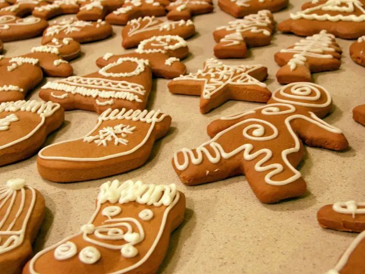 The image displays a collection of gingerbread cookies laid out on a flat surface.