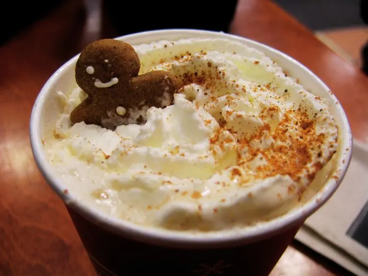 The image shows a close-up of a festive beverage, likely a hot chocolate or a spiced latte, topped with whipped cream.