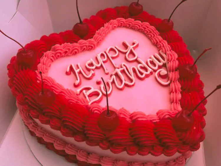 The image shows a pink heart-shaped birthday cake with red frosting and cherries on it