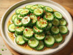 The image shows a plate of sliced cucumbers, cut into thick rounds and stacked neatly. The cucumbers have a vibrant green skin and appear fresh and crisp. Over the cucumbers, there is a generous drizzle of a bright orange sauce, which has a glossy sheen, suggesting it might be a kind of dressing or chili oil, often used in Asian cuisine. The sauce has pooled around the base of the cucumbers on the white plate, creating a vivid contrast in colors. The dish is presented simply, with no additional garnishes, allowing the clean, geometric arrangement of the cucumber slices and the bold color of the sauce to stand out. This is reminiscent of the cucumber salad often served at Din Tai Fung, a famous Taiwanese restaurant chain known for its xiao long bao (soup dumplings) and other dishes.