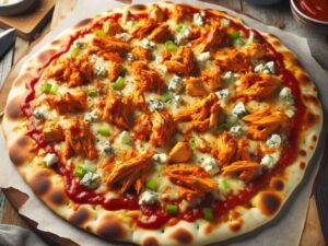 The image shows a buffalo chicken flatbread pizza, freshly baked and presented in a black pan.