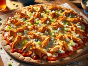 The image features a homemade buffalo chicken flatbread, specifically crafted to be lower in calories, yet still visually appealing and delicious. The flatbread, made from whole-wheat, provides a nutritious and hearty base.