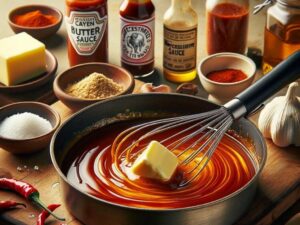 This image captures the process of melting butter in a saucepan, whisking in hot sauce, and incorporating other ingredients like white vinegar, cayenne pepper, garlic powder, and Worcestershire sauce. 