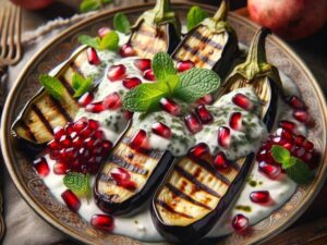 grilled baby eggplants with minted yogurt and pomegranate, arranged on a vintage plate that complements the rustic aesthetic.