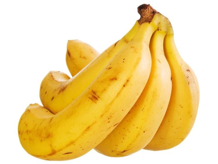 The image shows a bunch of ripe bananas against a white background.