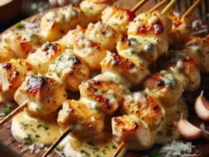 A homemade-style presentation of Garlic Parmesan Chicken Skewers.