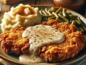 A homestyle chicken-fried steak dinner, visually appealing and realistic.