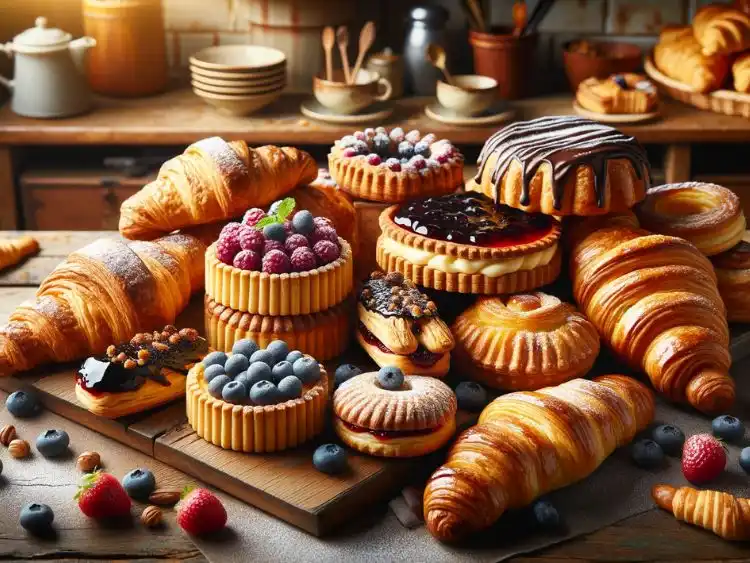A display of homemade pastries on a rustic wooden table, giving a cozy and authentic look.