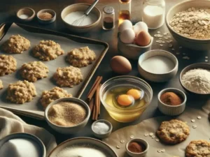 A cozy kitchen scene showing the process of making classic oatmeal cookies.