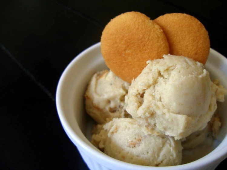 A bowl of vanilla ice cream sits on a white counter. The ice cream is melting slightly, creating a puddle around its base.